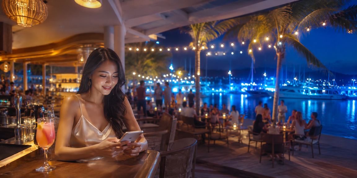 Người dùng trải nghiệm casino di động tại bãi biển Phú Quốc với kết nối bảo mật